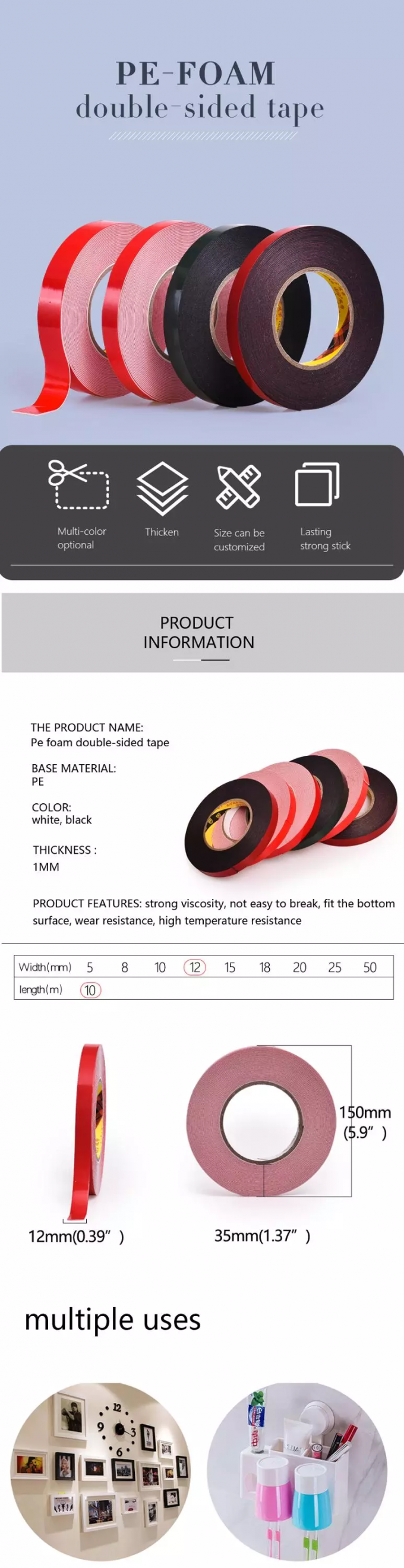 Waterproof PE Sponge Foam Adhesive Tape Double Sided 20mm 50mm